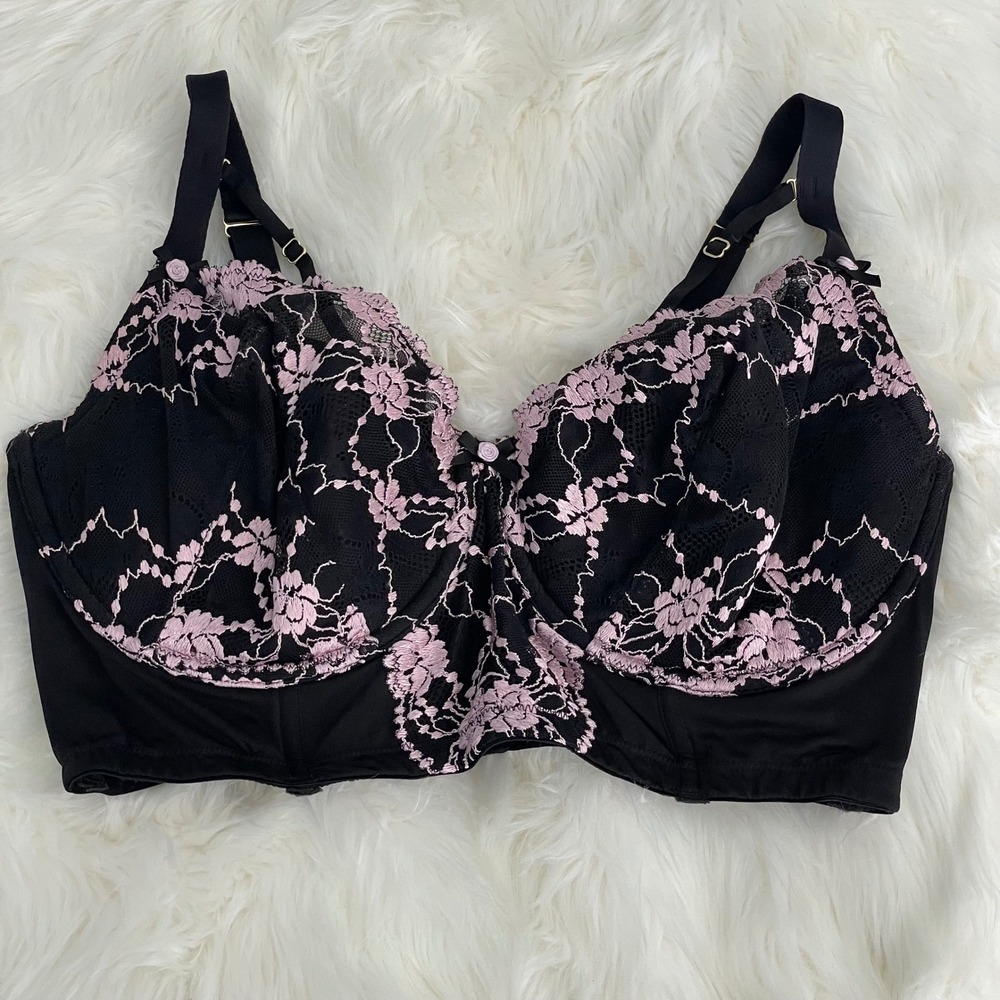 Cacique 38G Lightly Lined French Balconette Bra Black Pink Floral Lace